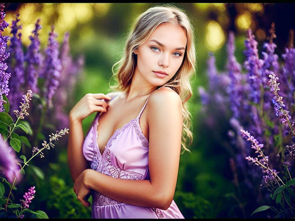 Young Woman in Lavender Dress Among Purple Flowers