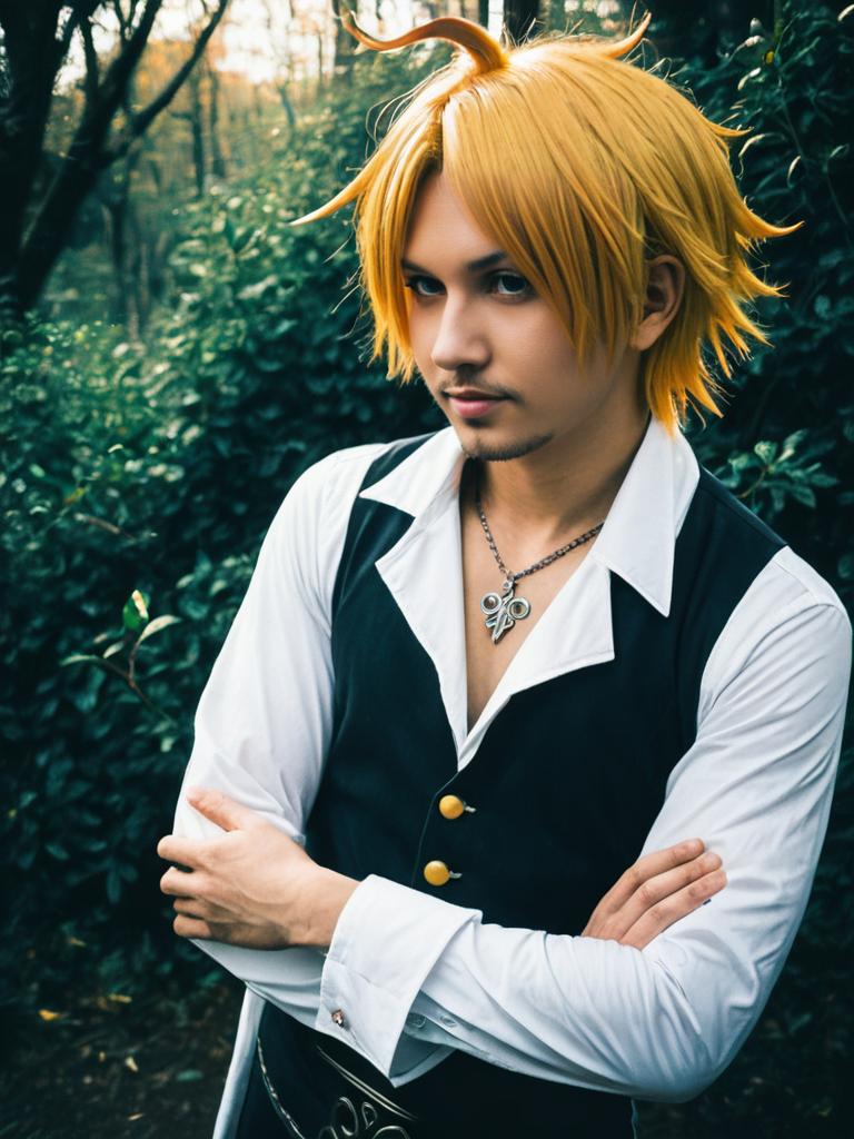Man in Realistic Meliodas Cosplay with Blond Wig and Black Vest