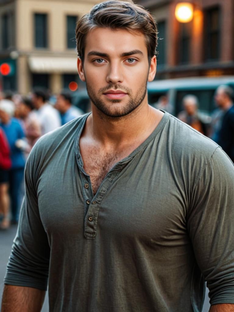 Confident man in green henley on bustling street