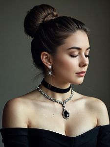 Elegant Woman in Black Dress with Sparkling Jewelry and Sleek Bun Hairstyle