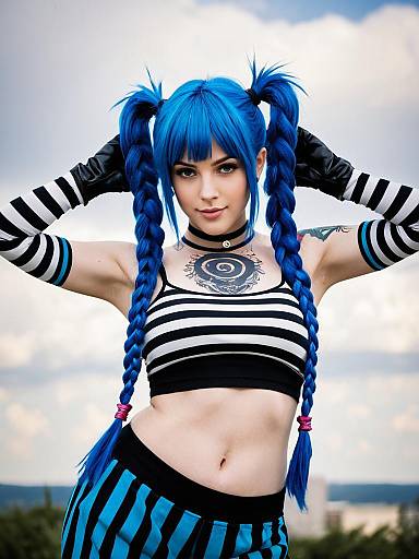 Arcane Jinx Cosplay with Blue Braided Hair in Striped Outfit