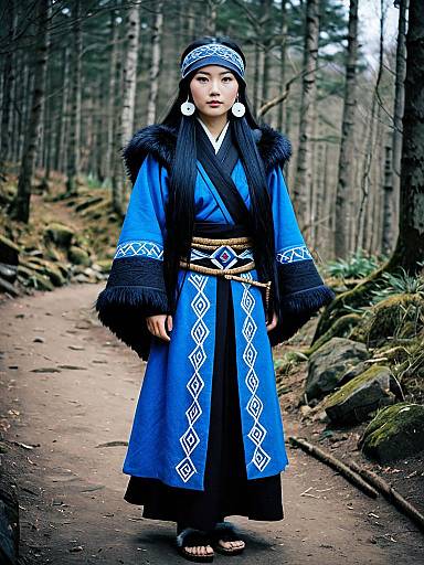Woman in Traditional Blue Asirpa-Inspired Robe in Forest