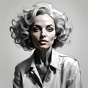 Monochrome Digital Portrait of a Woman with Curly Hair