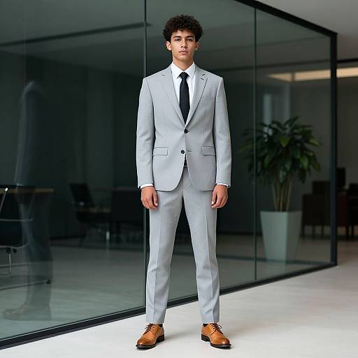 Young Man in Light Gray Business Suit Standing in Modern Office