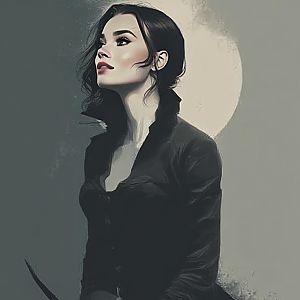 Mysterious Woman in Black Jacket with Moonlit Background Digital Art