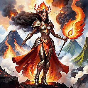 Fierce Woman Warrior in Volcanic Landscape