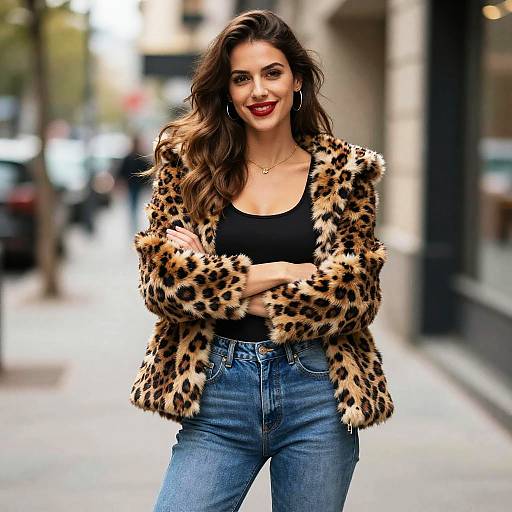 Chic Urban Fashion Woman Wearing Leopard Print Faux Fur Coat on City Street