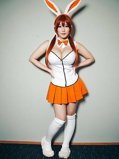 Woman in Orange and White Bunny Costume with Bunny Ears