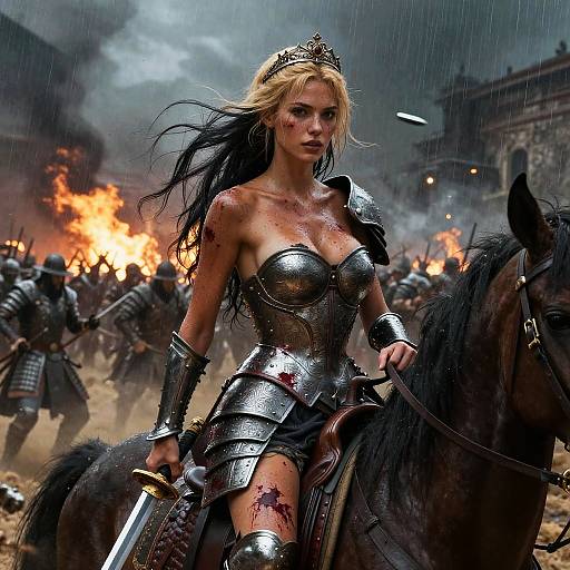 Fierce Woman Warrior in Medieval Armor on Battlefield with Burning Background