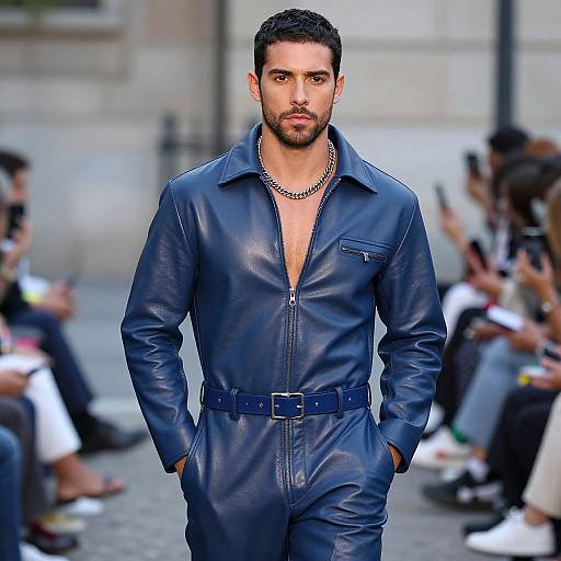 Male Model in Blue Leather Jumpsuit on Runway Fashion Show