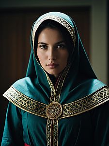 Woman in Traditional Mina Costume with Cinematic Realism Portrait