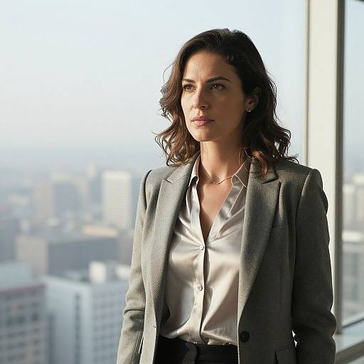 Professional Woman in Grey Blazer by Office Window over Cityscape