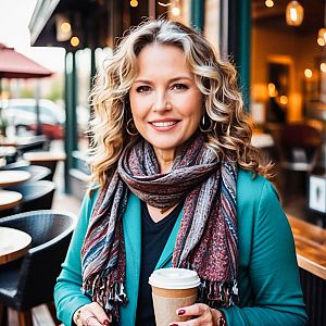 Confident Woman in Teal Jacket at Café