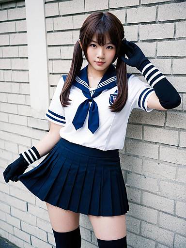 Young Woman in Japanese Schoolgirl Uniform with Navy Pleated Skirt and Gloves