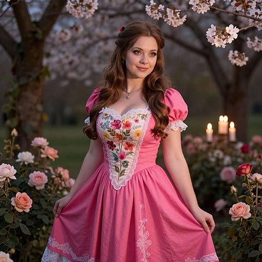 Young Woman Wearing Pink Floral Embroidered Dress in Blooming Garden