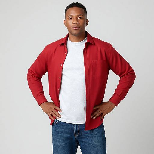 Confident Young Man in Casual Red Shirt and Blue Jeans