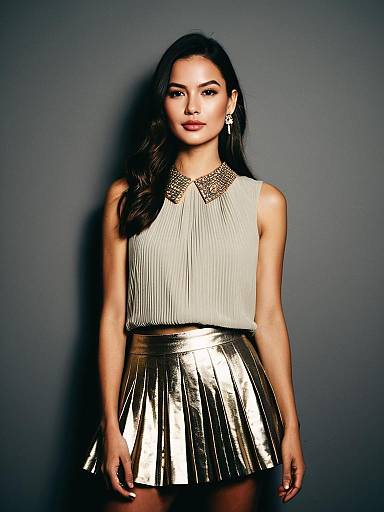 Woman Glamorous Beige Sleeveless Blouse with Embellished Neckline and Gold Metallic Skirt