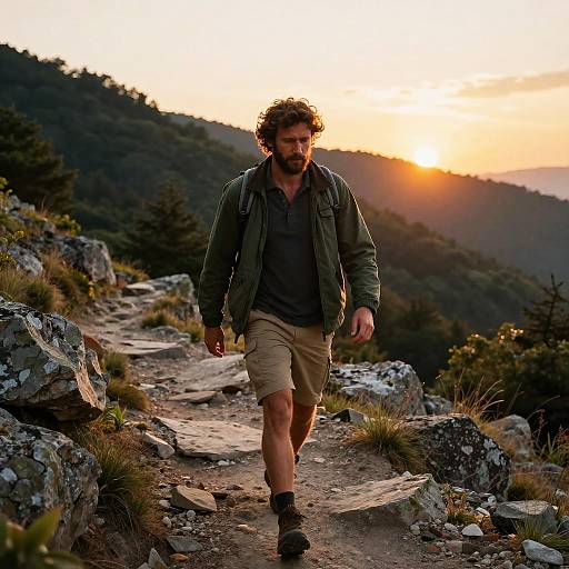 Man Hiking on Mountain Trail at Sunset
