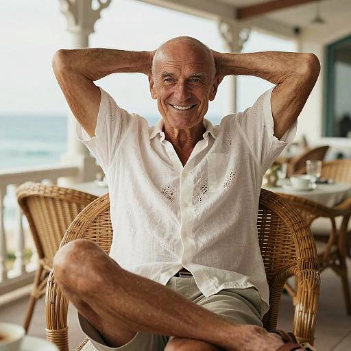 Relaxed Elderly Man Enjoying Seaside Café Moment