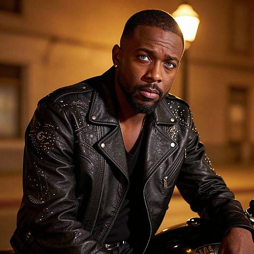 Man in Studded Black Leather Jacket with Blue Eyes Sitting Outdoors