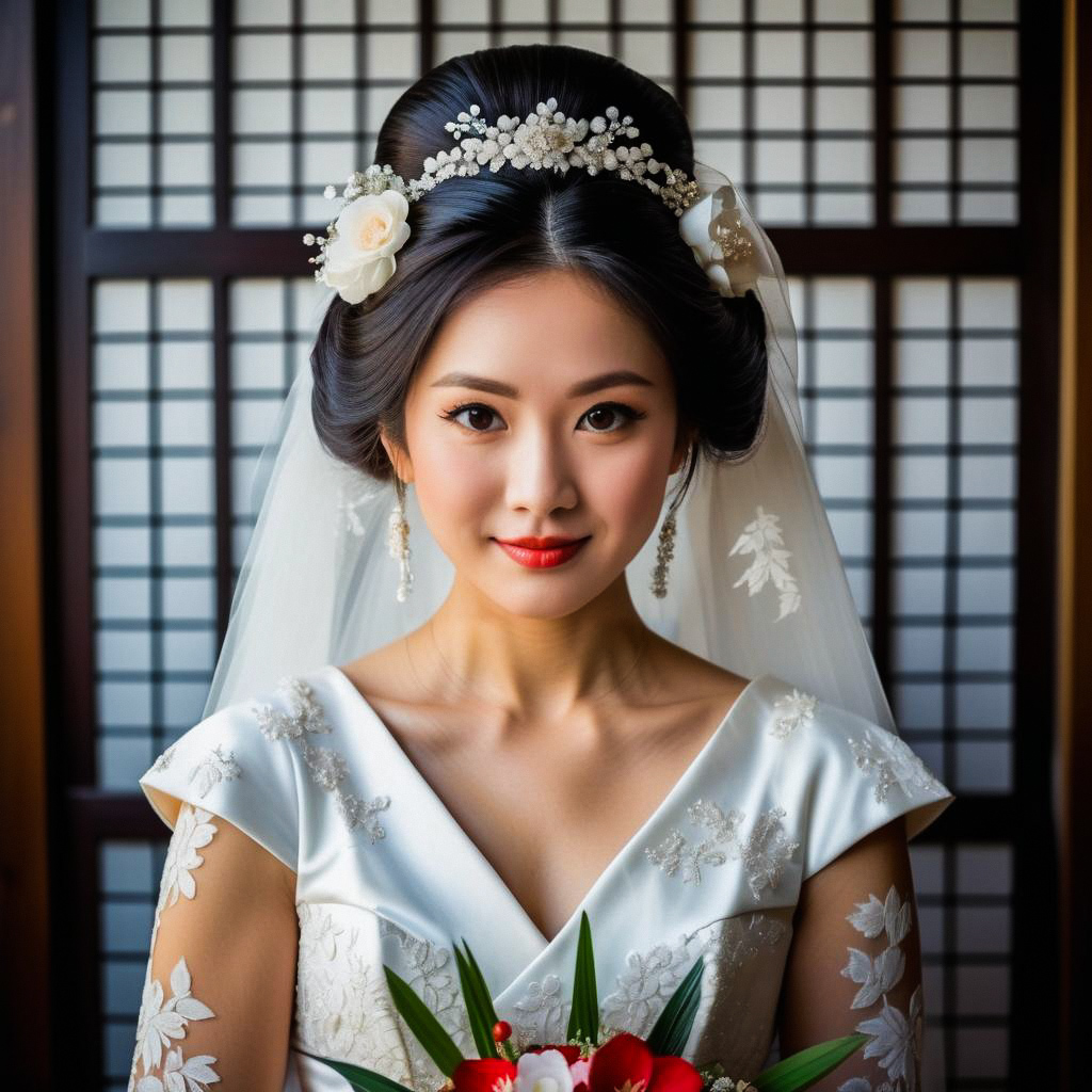 Elegant Asian Bride in White Wedding Gown