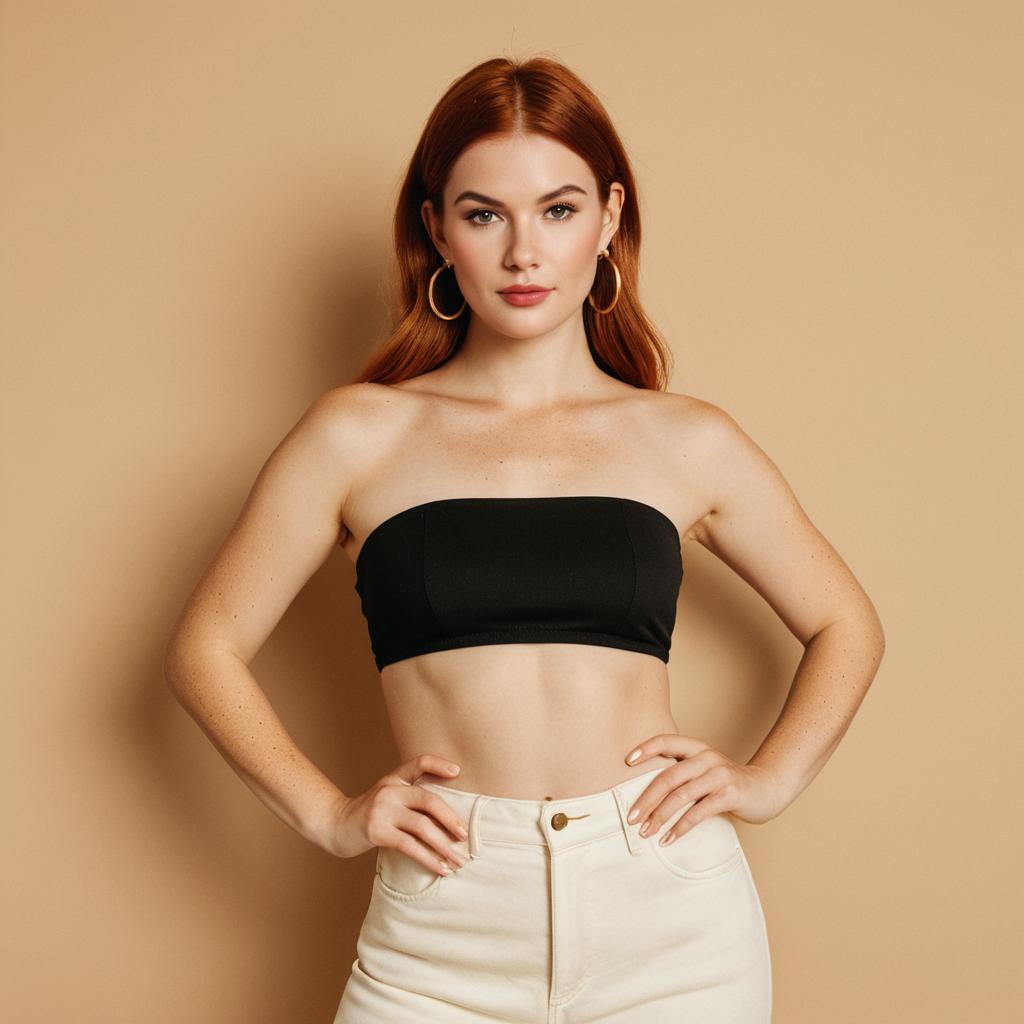 Confident Red-Haired Woman in Black Bandeau and White Pants Against Beige Background