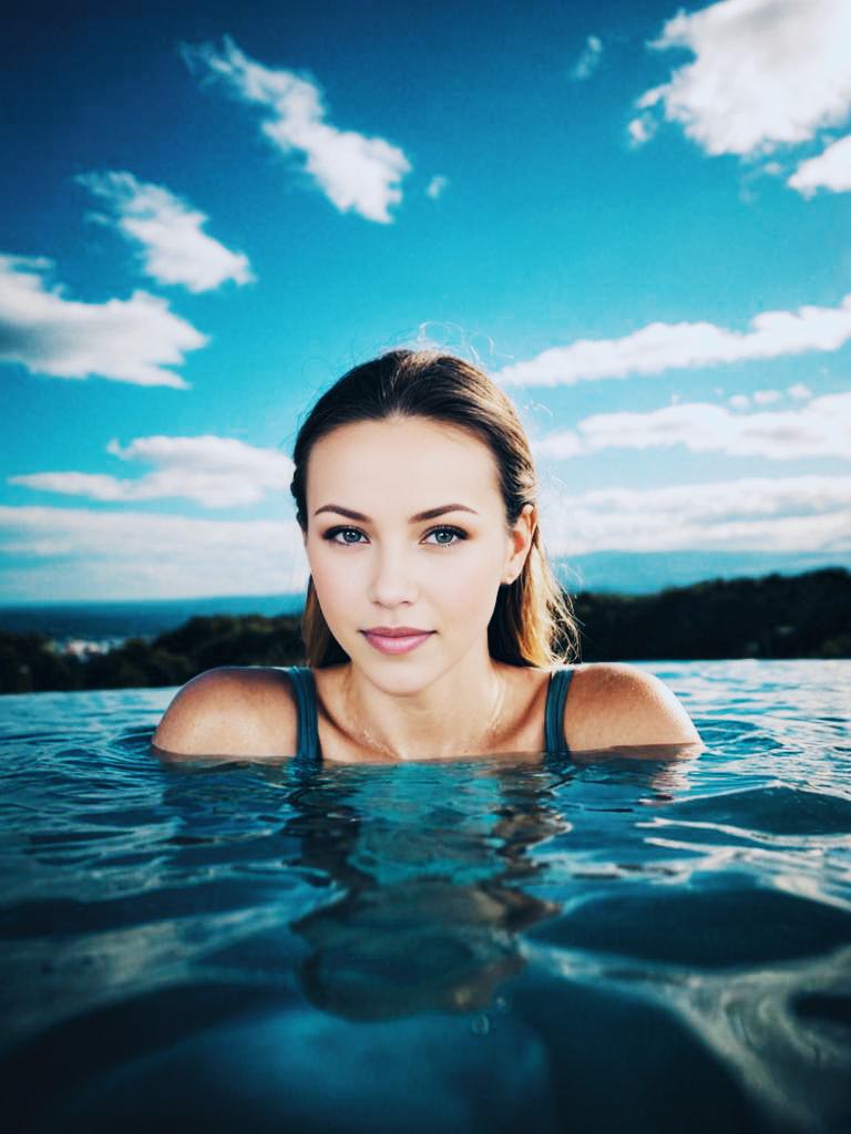 Woman in Water with Blue Sky and Landscape