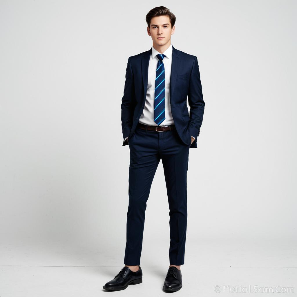 Confident Young Man in Navy Blue Suit with Striped Tie Confident Young Man in Navy Blue Suit with Striped Tie
