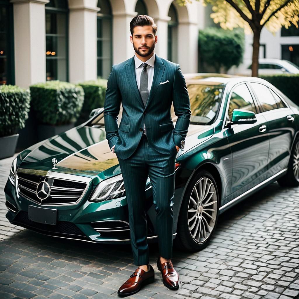 Confident Man in Teal Suit by Luxury Sedan Confident Man in Teal Suit by Luxury Sedan