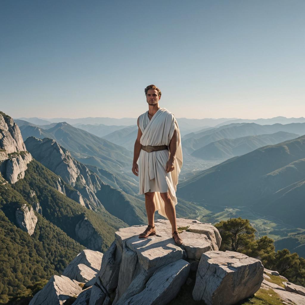 Man in Ancient Greek Attire on Rocky Outcrop