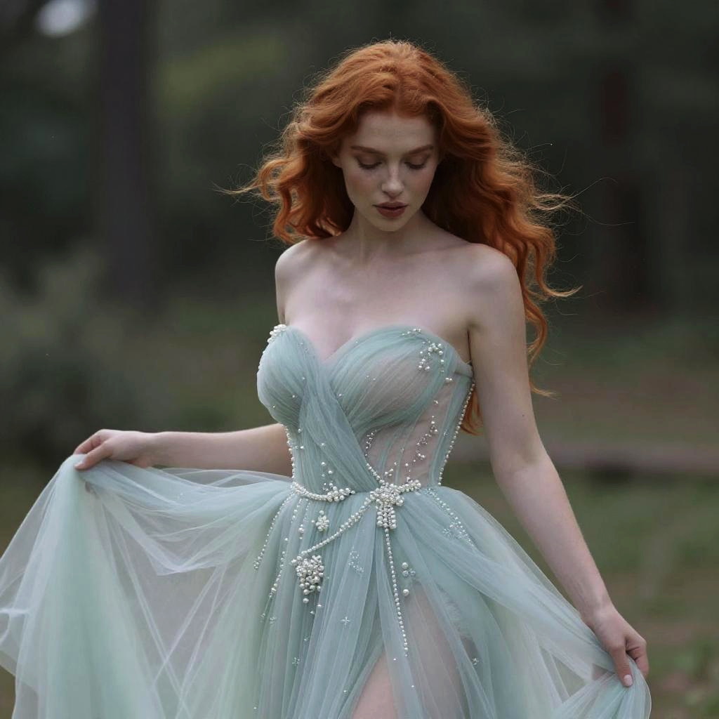 Elegant Red-Haired Woman in Pastel Blue Pearl-Embellished Gown