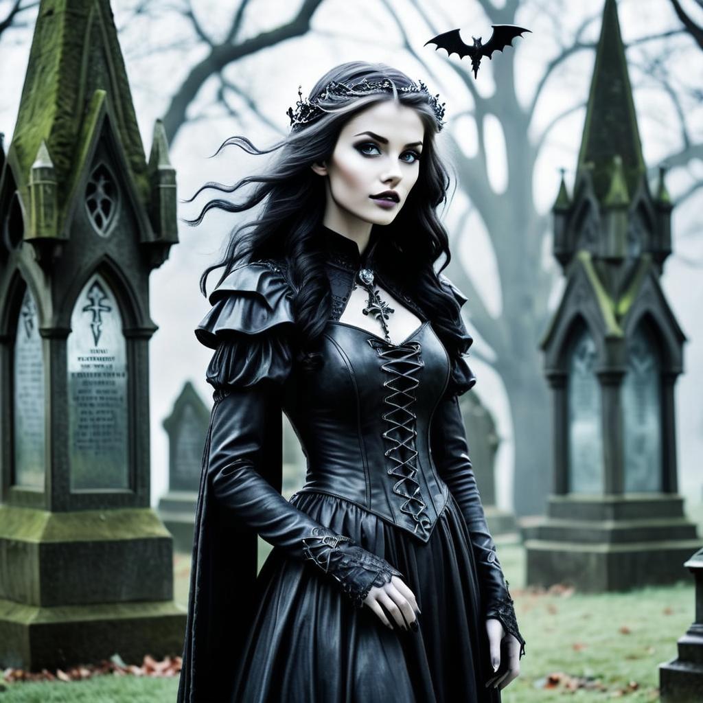 Gothic Woman in Misty Graveyard
