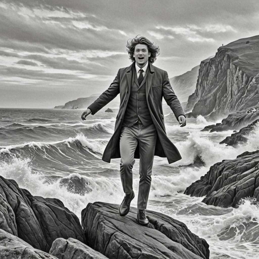 Dynamic Man on Rocks with Stormy Sea and Sky