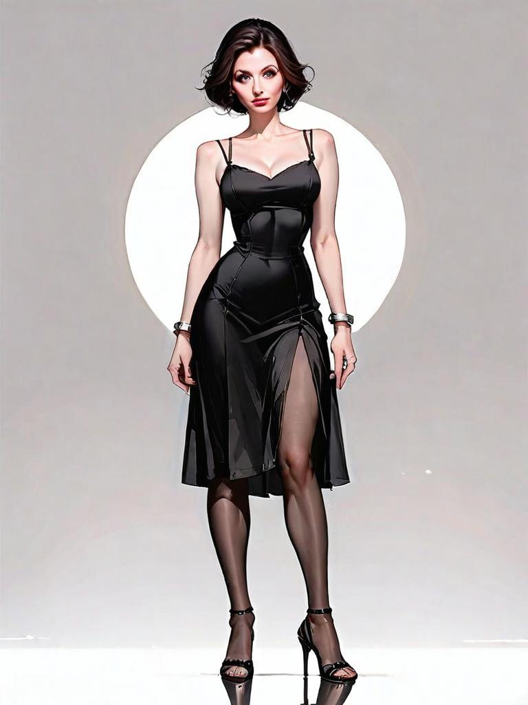 Realistic Chic Woman in Black Dress Full Body Illustration