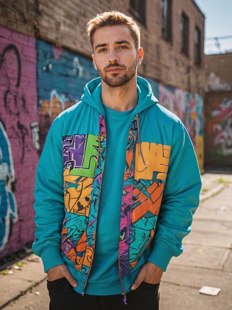 Confident young man in graffiti hoodie in urban setting