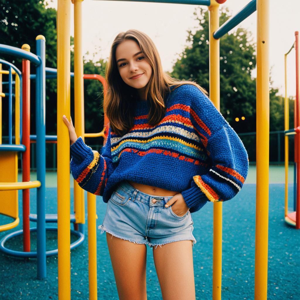 Young Woman in Colorful Sweater at Playground