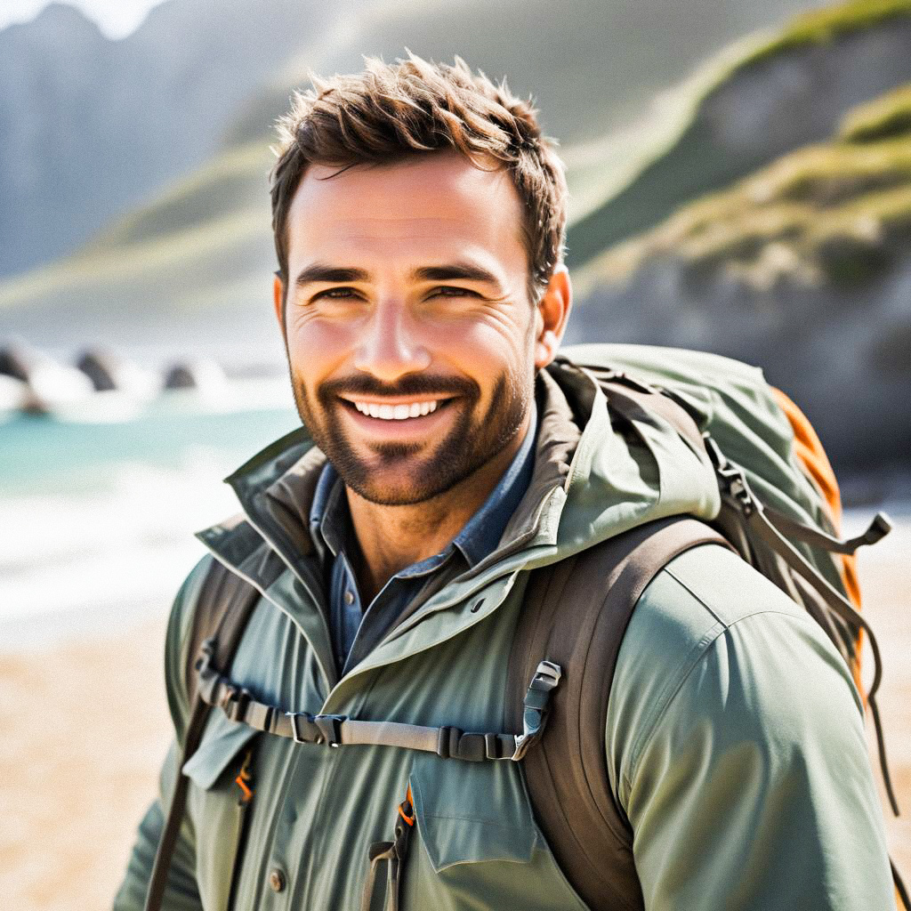 Cheerful Adventurer on a Beach