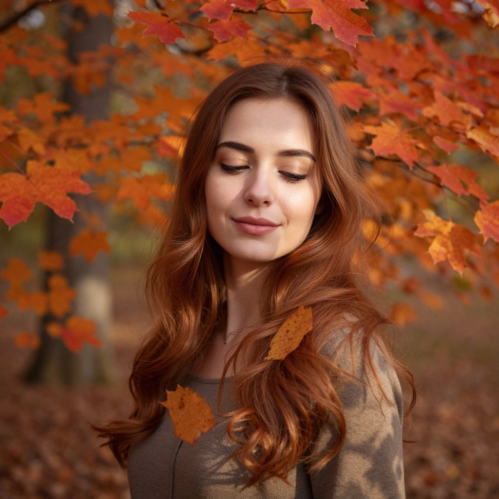 Serene Young Woman Surrounded by Autumn Leaves in Forest