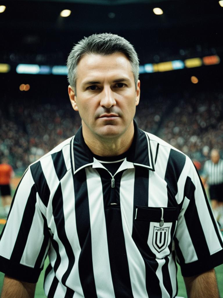 Photorealistic Portrait of Man in Referee Costume at Sports Arena