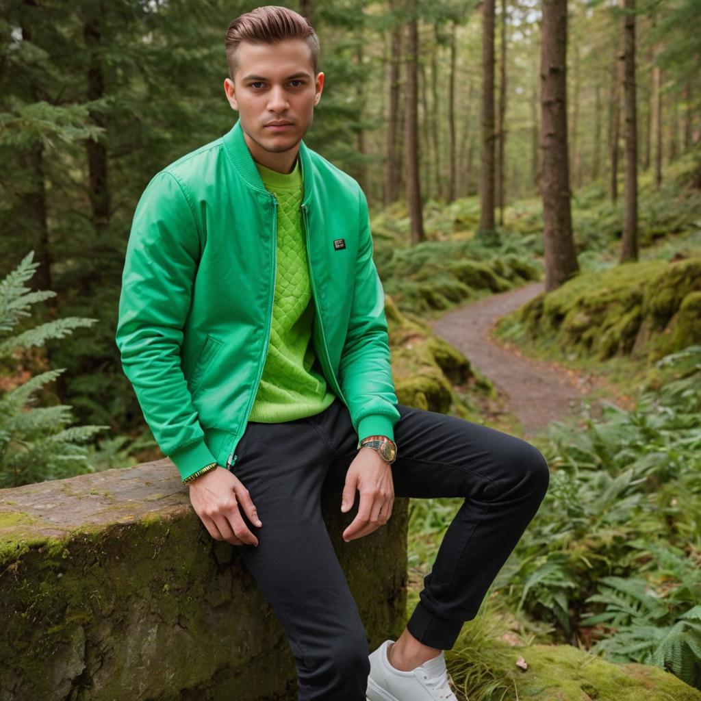 Stylish man in vibrant green jacket in lush forest