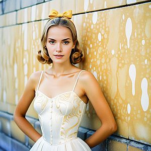 Elegant Young Woman in Retro-Chic Style Against Yellow Wall
