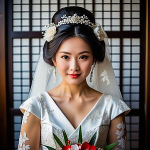 Elegant Asian Bride in White Wedding Gown