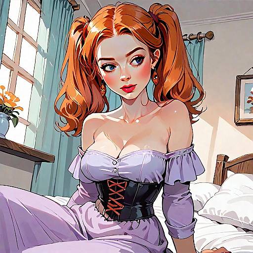 Digital Art of Red-Haired Woman in Lavender Dress and Black Corset Indoors