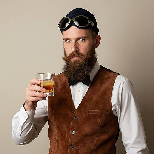 Bearded Man in Vintage Steampunk Attire Holding Whiskey Glass