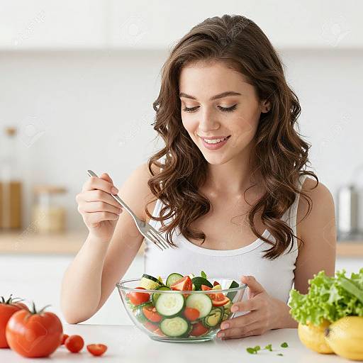 Young Woman Enjoying Fresh Vegetable Salad in Modern Kitchen