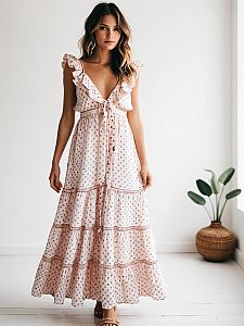 Romantic Bohemian Tiered Maxi Dress Soft Pink White Polka Dots
