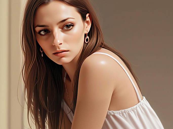 Portrait of Thoughtful Young Woman in White Top Digital Art