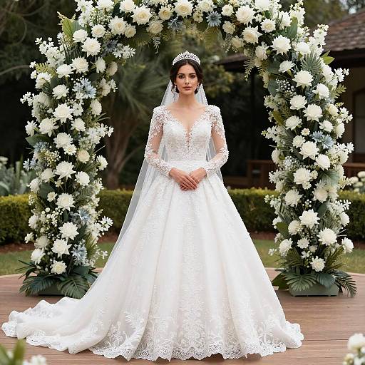 Semi-Formal Wedding Dress Woman Standing in Elegant Outdoor Floral Arch