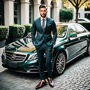 Confident Man in Teal Suit by Luxury Sedan