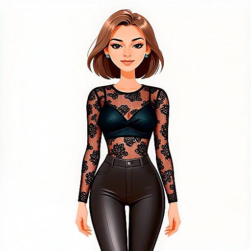 Chic Woman Wearing Black Lace Top and High Waisted Pants Illustration